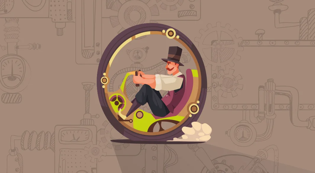 Illustrazione steampunk con uomo che guida un fantasioso mezzo vintage