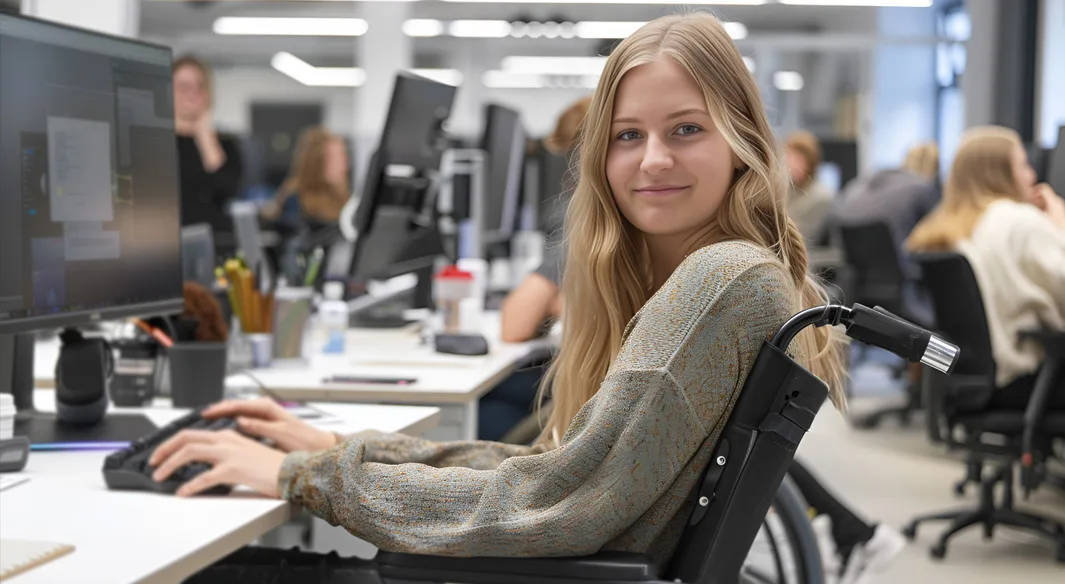 Ragazza sul sedia a rotelle seduta al computer in ambiente lavorativo con altri colleghi sullo sfondo