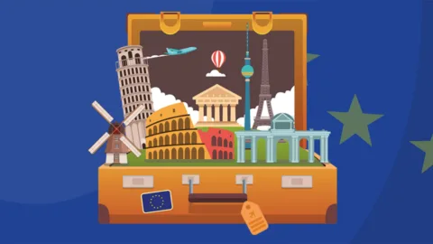 Illustrazione di valigia contenente simbolici monumenti europei