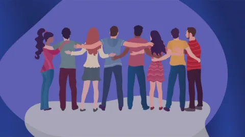 Illustrazione con gruppo di giovani che si abbracciano