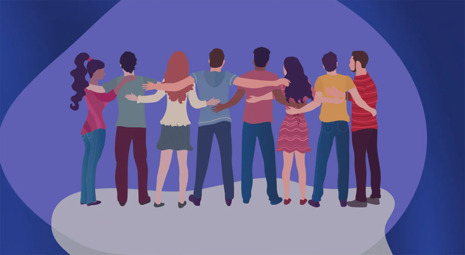 Illustrazione con gruppo di giovani che si abbracciano