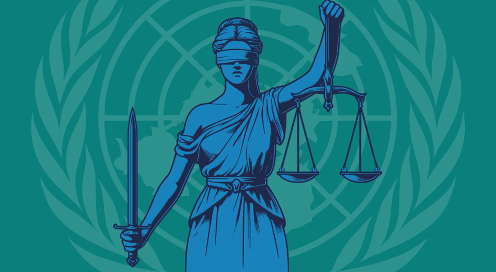 Simbolo della giustizia (donna bendata con spada e bilancia) con sfondo logo delle Nazioni Unite