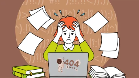 Illustrazione di donna con le mani tra i capelli mentre guarda perplessa lo schermo del computer