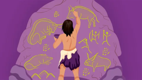 Illustrazione di un uomo delle caverne intento a pitturare delle rocce