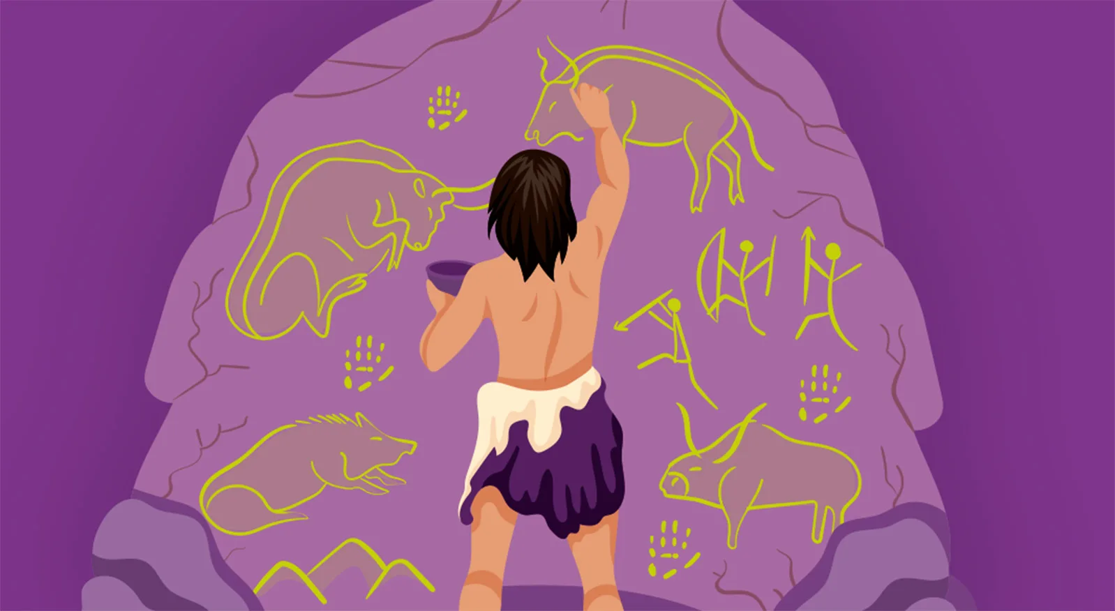 Illustrazione di un uomo delle caverne intento a pitturare delle rocce