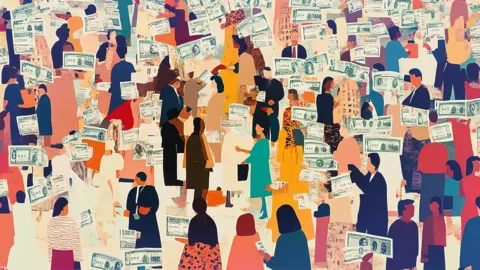 Andirivieni di persone che si scambiano banconote