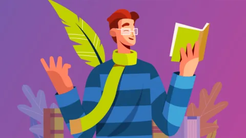 illustrazione di ragazzo con un libro aperto in mano, mentre recita dei versi