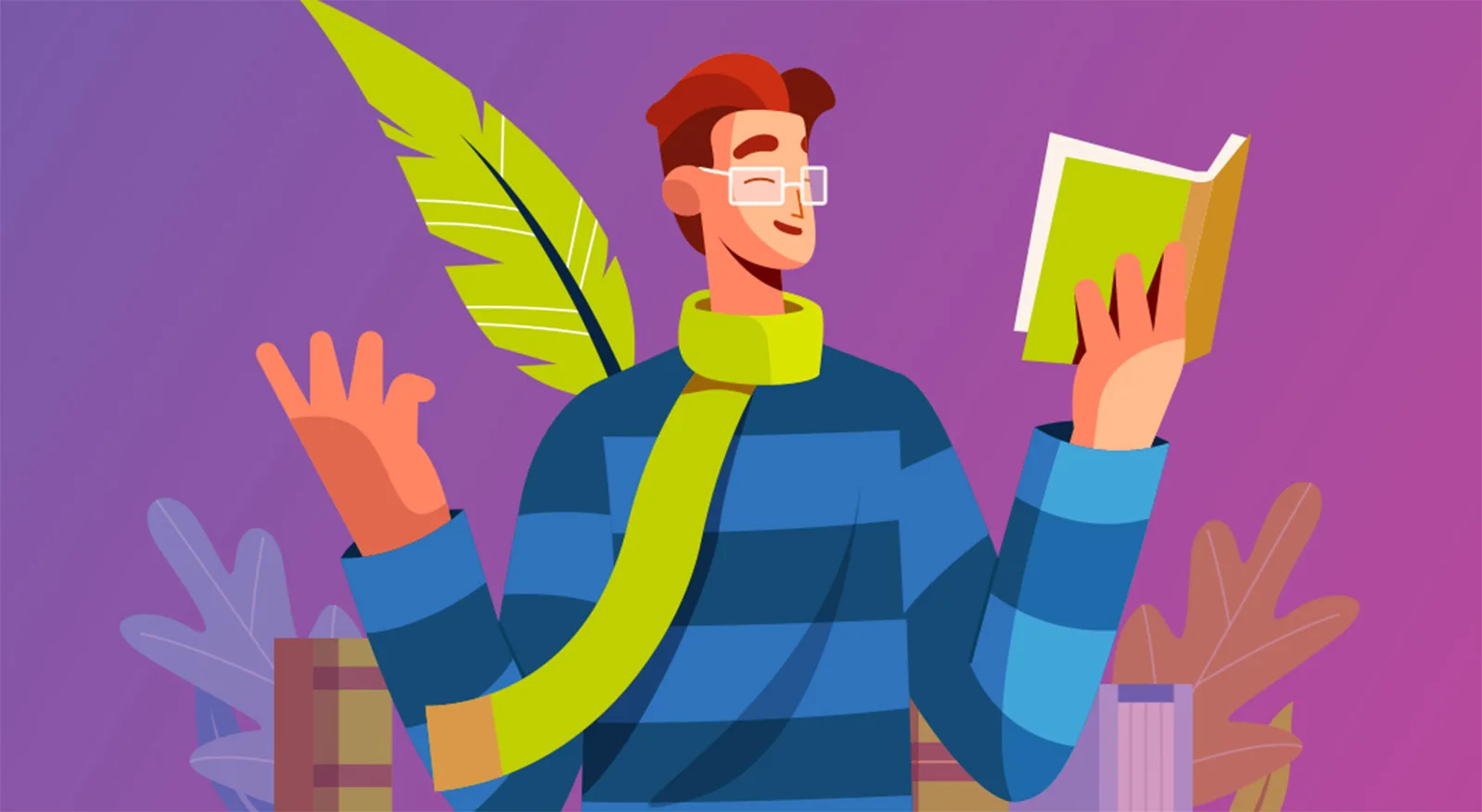 illustrazione di ragazzo con un libro aperto in mano, mentre recita dei versi