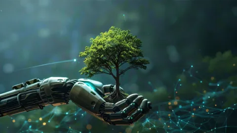 braccio robotico che sostiene un piccolo albero