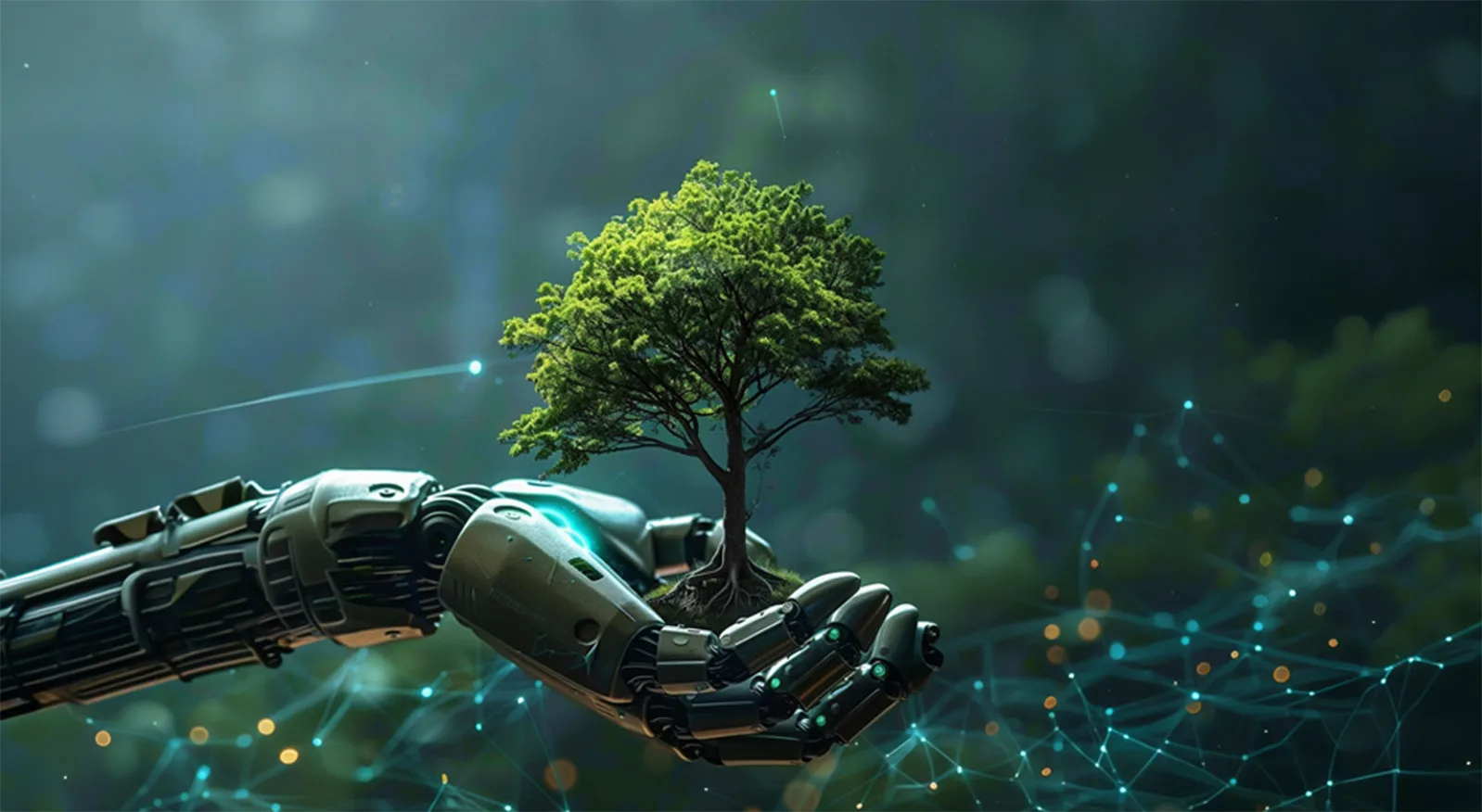 braccio robotico che sostiene un piccolo albero